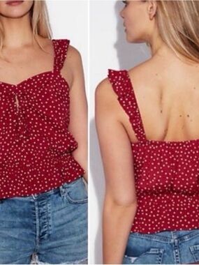 Express Polka Dot Crop Top Tank Medium Red Ruffle Tie Front Cami Cottagecore